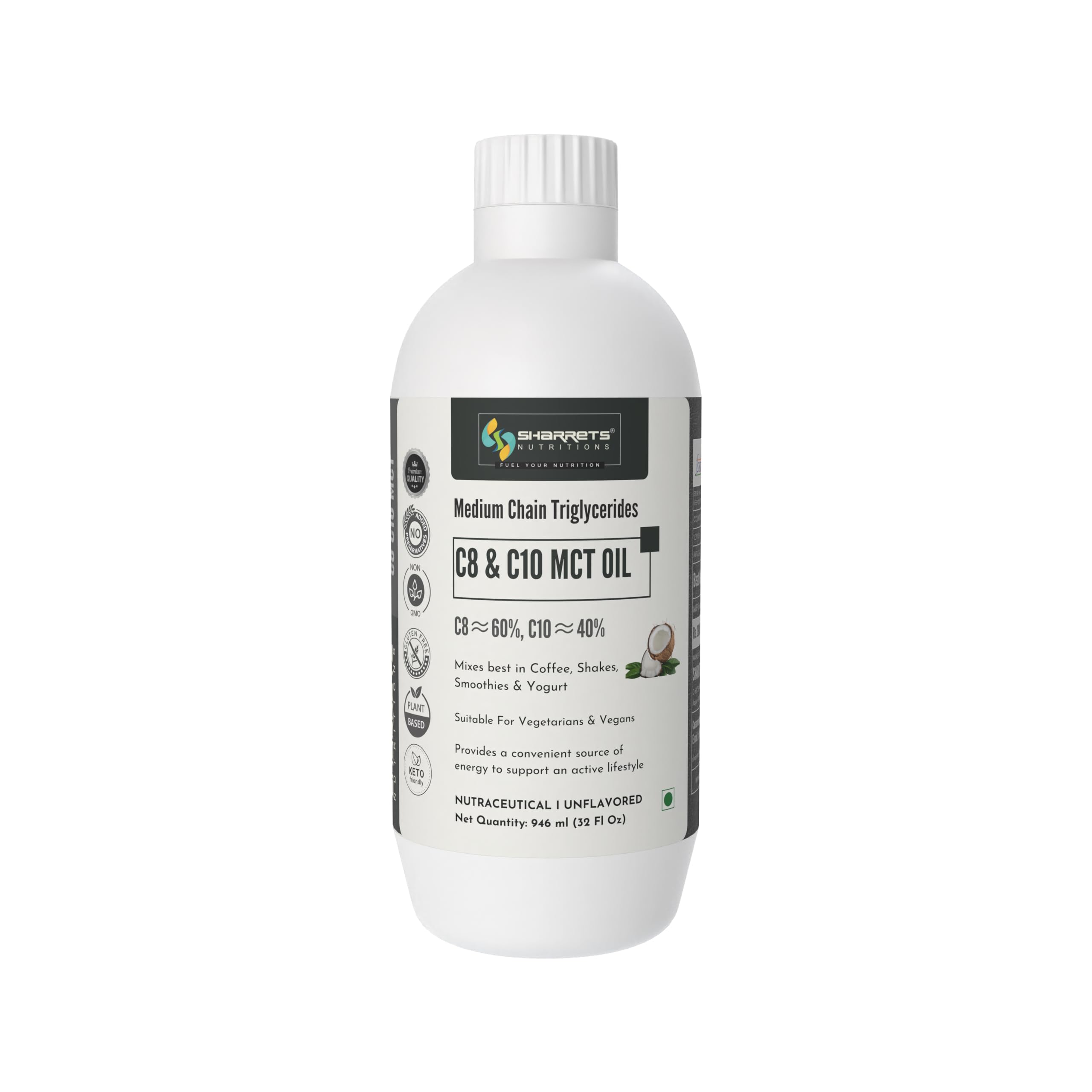 Sharrets C8 C10 MCT Oil 32 fl Oz - Pure Medium Chain Triglycerides for Radiant Skin, Lustrous Hair, and Wellness (Dietary & Topical Use)