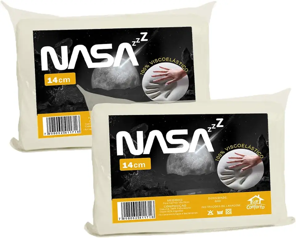 Kit 2 Travesseiro Nasa 14cm Altura Espuma D40 Viscoelástico Nasa Zz Capa Com Zíper 100% Algodão 200 Fios - Lar Conforto…