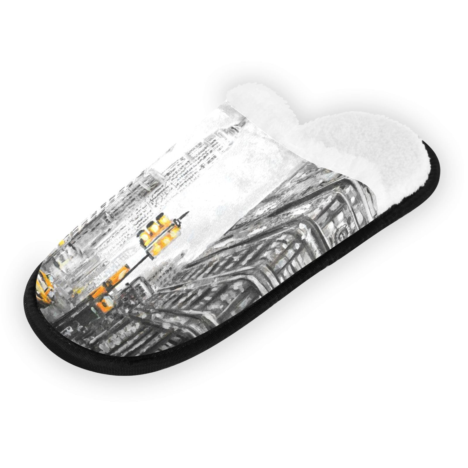 Ajusmeau Oil Paint New York Street Taxi Cozy Slippers for Women Men Indoor Washable Fuzzy House Shoes with Anti-Skid Sole