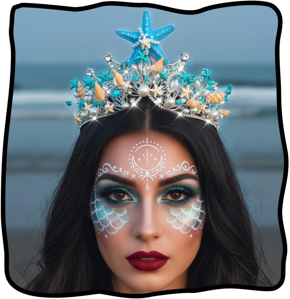 JEAIRTS Starfish Wedding Crown Headband Silver Sparkly Rhinestone Pearl Headpiece Bridal Hair Accessories for Women