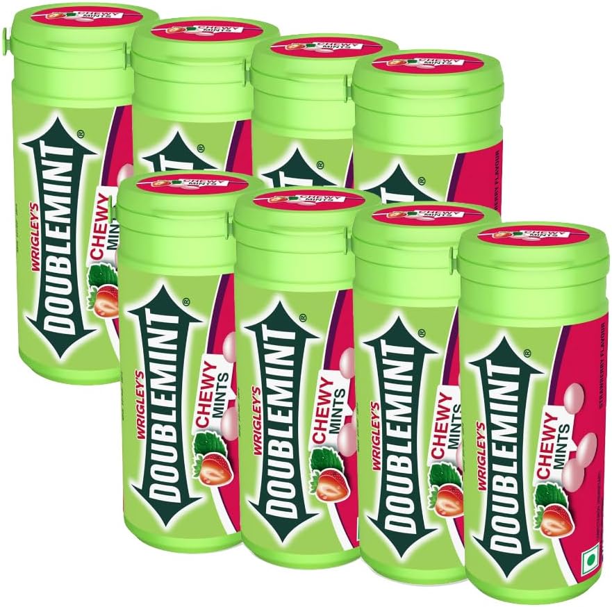 Skittles Doublemint Chewy Mint Tube | Strawberry Flavour Chewing Gum | Mint Gums For Instant Freshness | 32 Chewy Mints | Comes in a Resealable Pocket Bottle | Easy to Carry | 30.4 g | Pack of 8