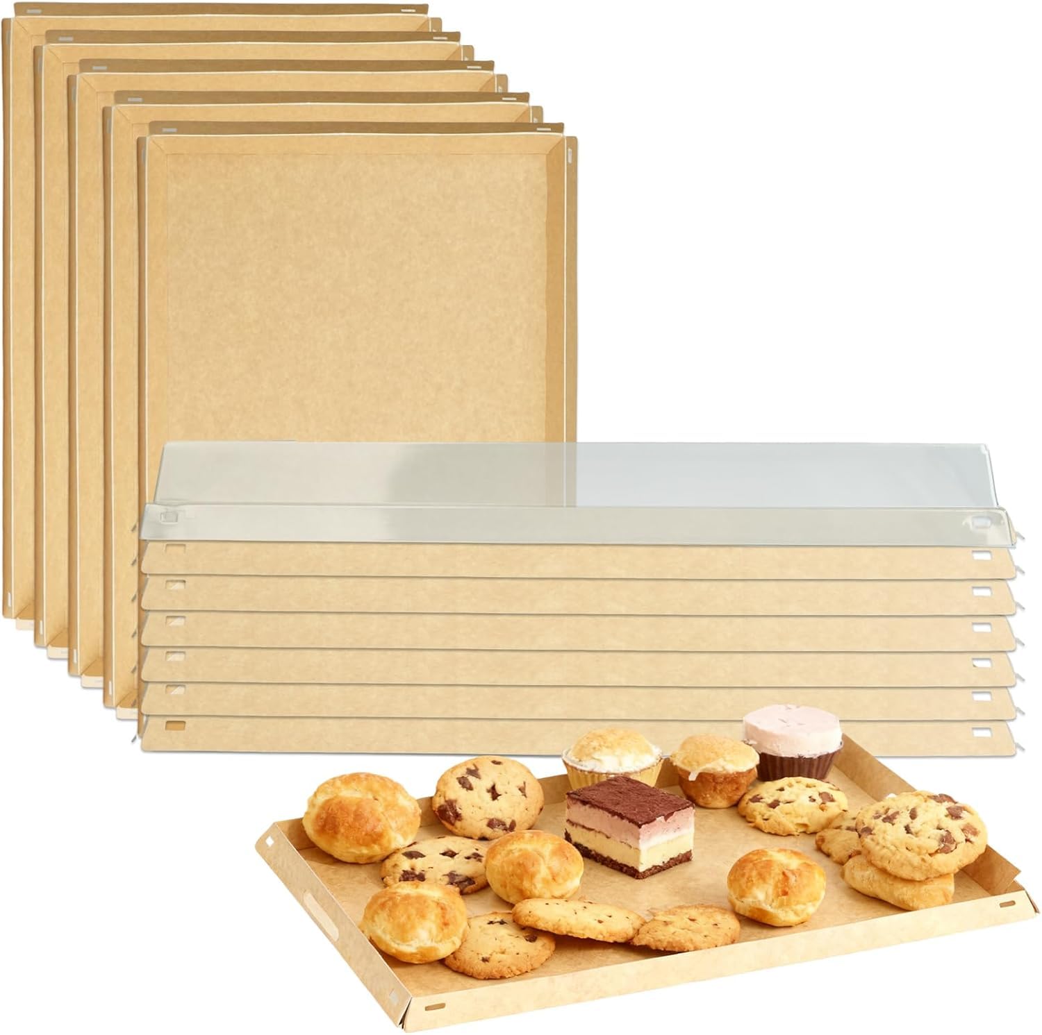 Takeaway Containers with Lids 5 Pack, 42 x 28 cm Paper Catering Trays with Lids, Buffet and Sandwich Platter Trays, Charcuterie Boxes with Clear Lids, Cake and Cookie Boxes for Parties and Catering