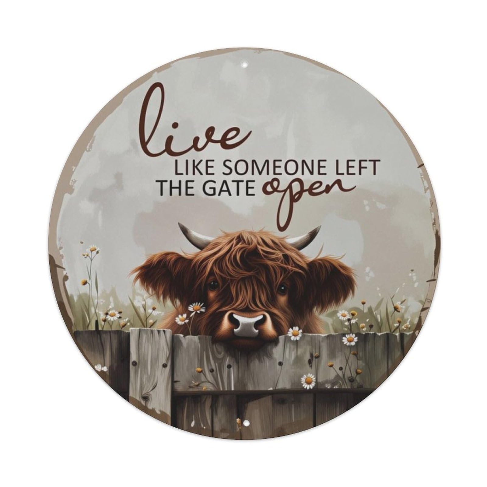Highland Cow Farm Inspirational Round Decor Sign Vintage Aluminium Metal Sign, Retro Wall Decor for Home, Bar, Garage & Farmhouse 20x20cm