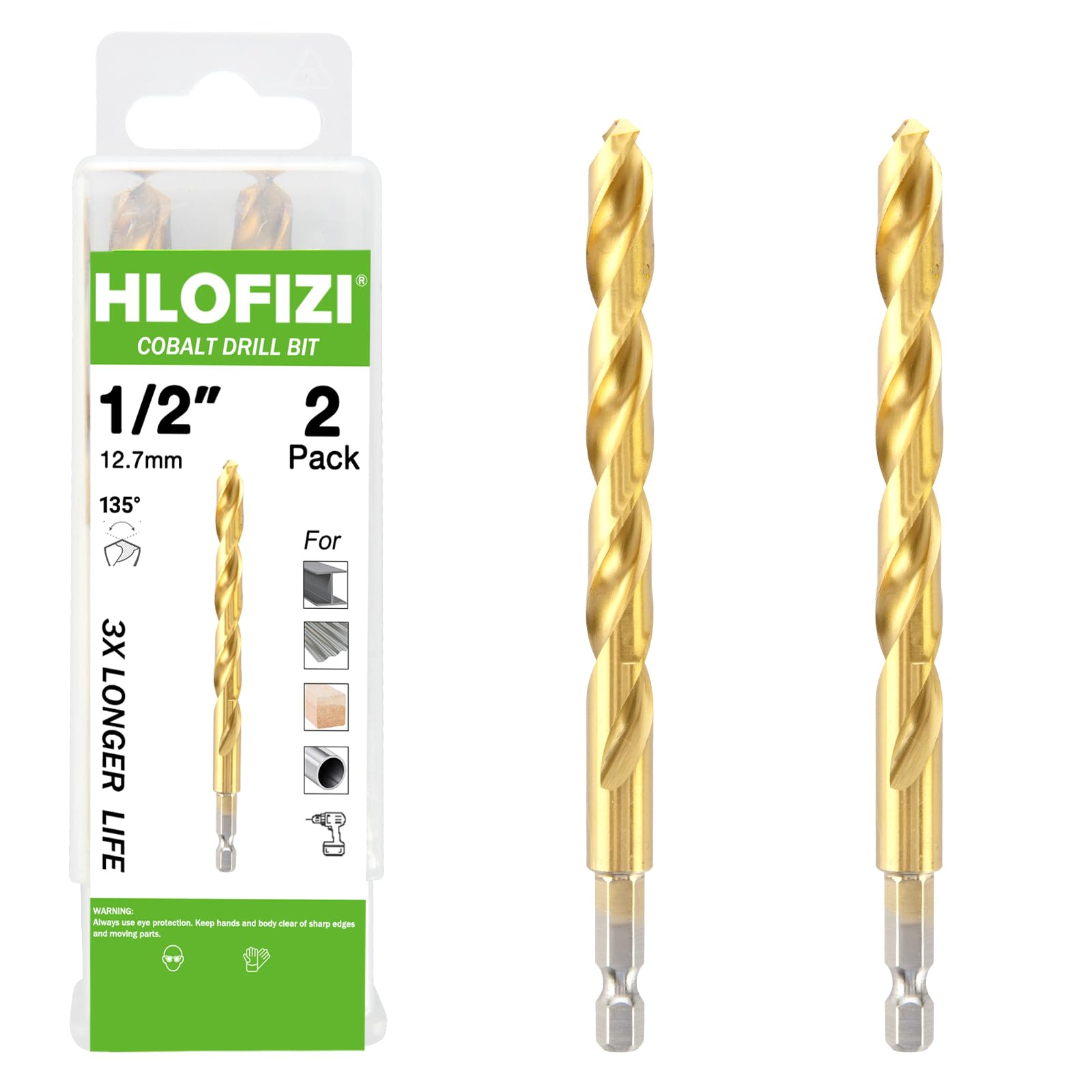 HLOFIZI 1/2" Cobalt Drill Bit with Hex Shank (2 Pack), Impact Titanium Twist Drill Bits for Metal, Stainless Steel, Cast Iron and Wood