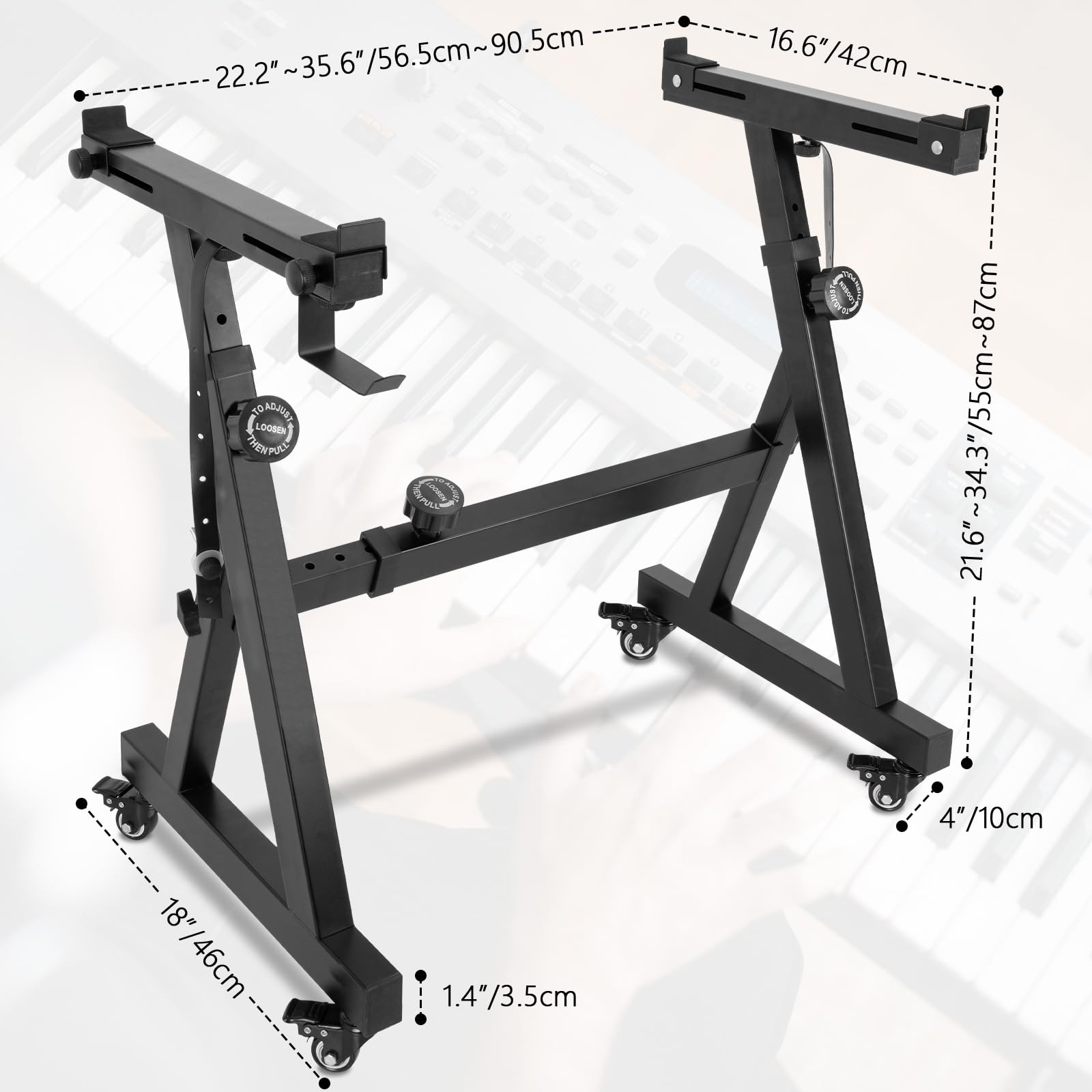 Support de Clavier Piano Réglable en Hauteur 55 à 87 CM, Support de Piano en Z avec 4 Roulettes Pivotantes, Convient aux Pianos de 54 à 88 Touches, Capacité de Charge 160 KG (Noir)