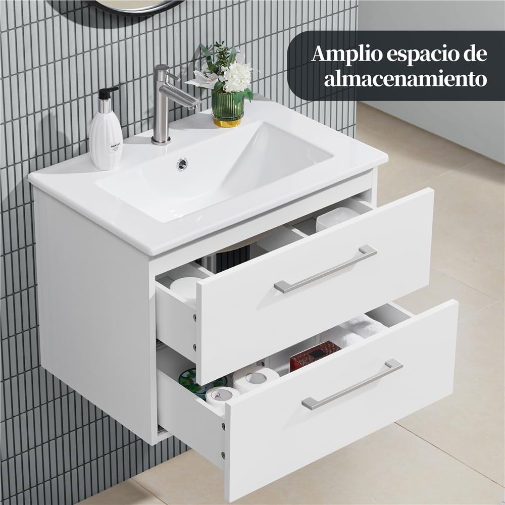 Yaheetech Mueble Baño con Lavabo Mueble de Lavabo bajo el Grifo Suspendido en Pared con 2 Cajones Mueble Auxiliar baño 61x39,5x45,5 cm Blanco