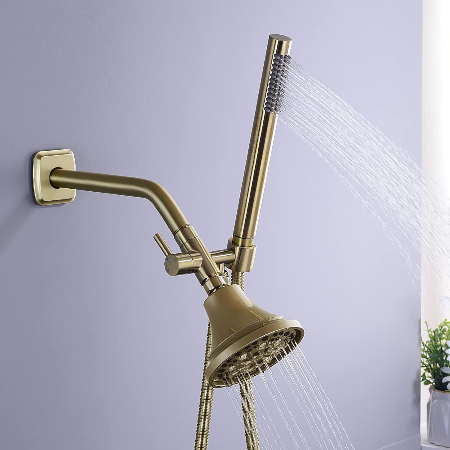 Brushed Gold Shower Arm Diverter with Hand Shower Mount, G1/2 Brass Shower Diverter Valve Bathroom Universal Shower System Replacement for Handheld Shower and Fixed Shower Head