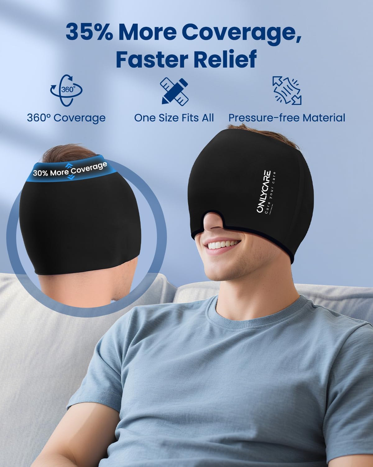 ONLYCARE Migraine Relief Cap, Upgraded Odorless Headache Relief Cap, 360° Gel Surround Ice Pack Mask for Migraine, Sinus, Stress, Frontal Headaches (Black) - Image 3