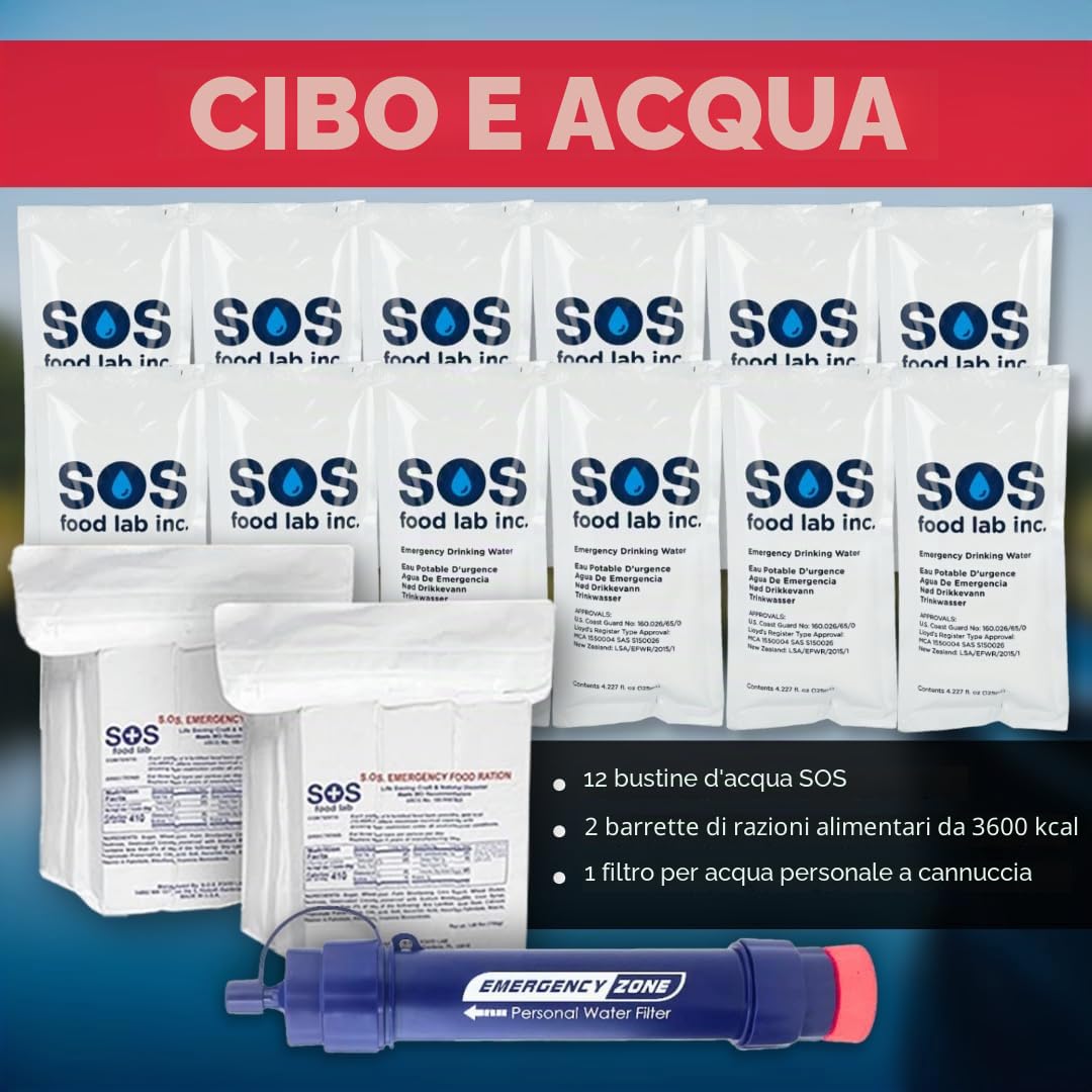Emergency Zone The Essentials - Kit di sopravvivenza completo Deluxe per 72 ore, prepara la tua famiglia a uragani, terremoti, inondazioni, emergenze di emergenza - Disponibile in 2 e 4 persone, borsa