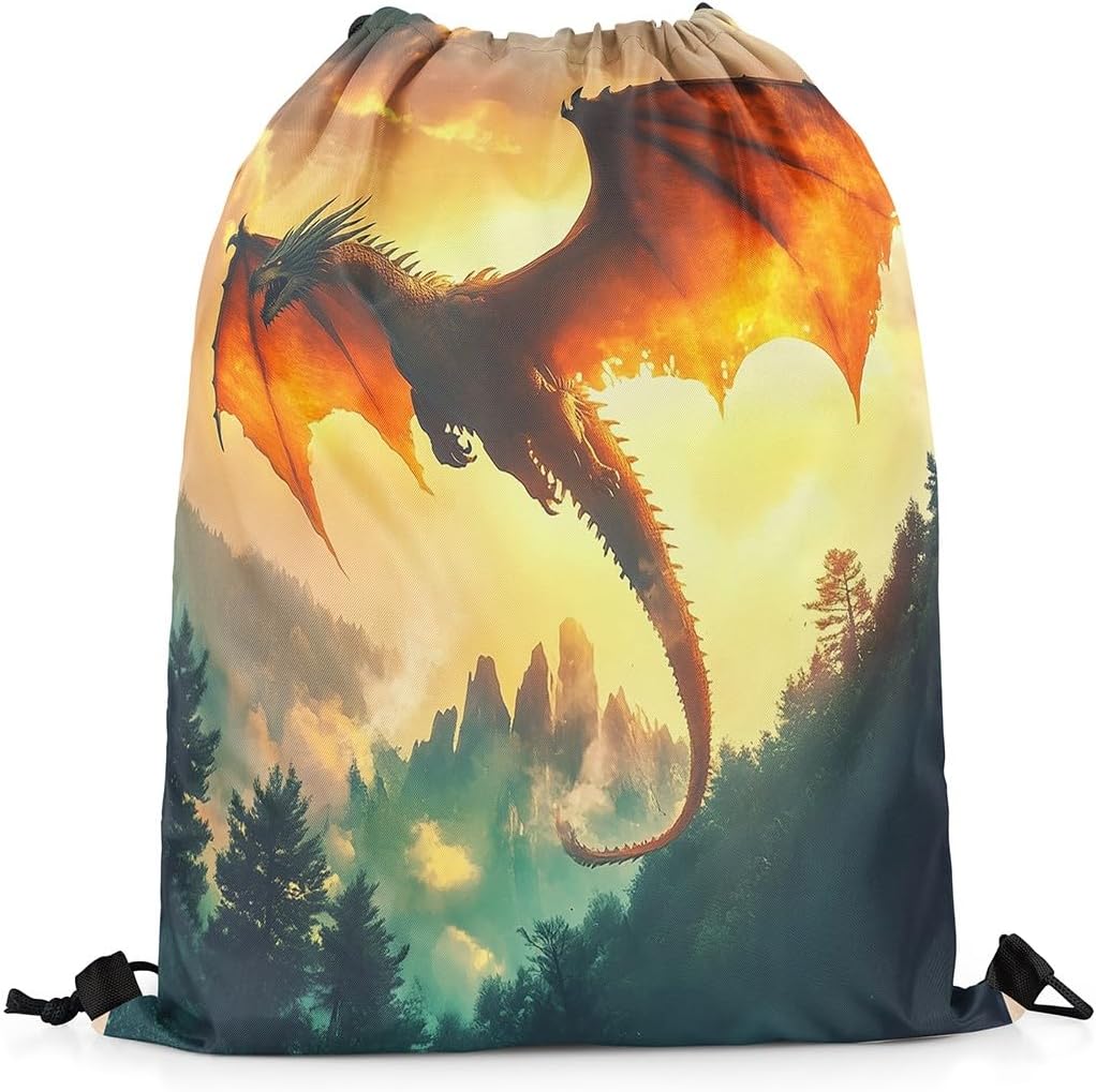 Castle Fairy Dragon Drawstring Backpack Jungle Animals Sackpack for Beach Swimming Pool Mysterious Wildlife Draw String Bags Waterproof Sports Gym