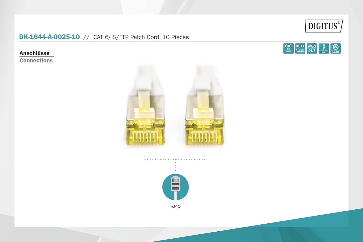 Digitus LAN Cable Cat 6A - 0.25m - 10 Pieces - RJ45 Network Cable - S/FTP Shielded - Compatible with Cat-6 & Cat-7 - Gray