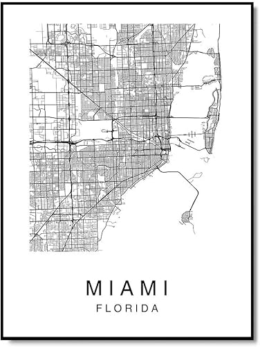 Miami Map Wall Art Poster Print Florida USA City Map Street Black & White