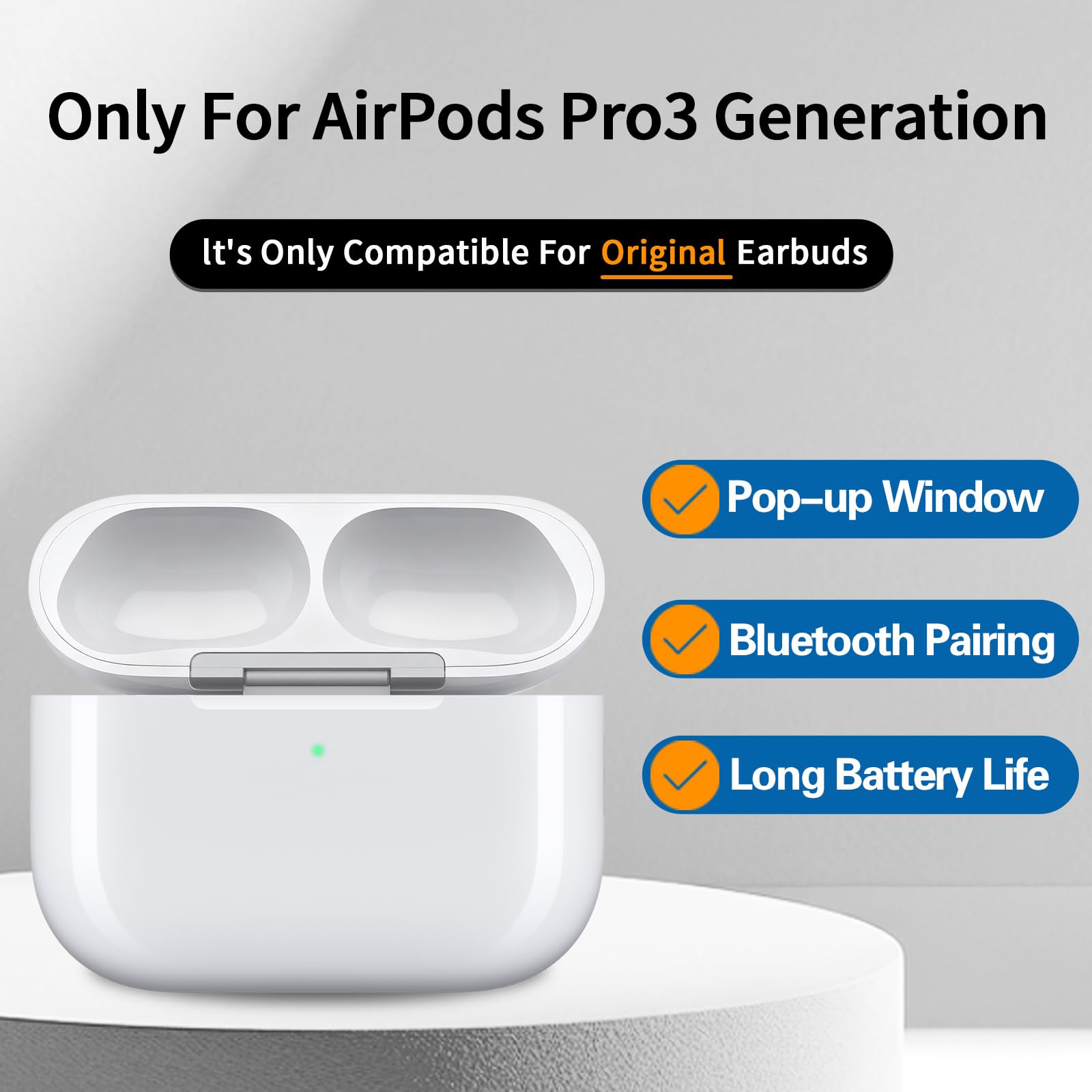 Custodia di ricarica di ricambio per AirPods Pro 3, batteria da 680 mAh con ricarica wireless, facile accoppiamento Bluetooth e finestra pop-up, compatibile solo con auricolari originali