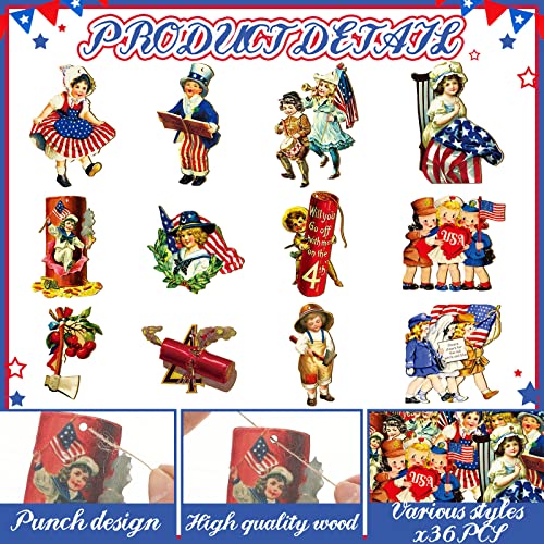 36 Pcs 4Th Of July Wooden Hanging Ornaments For Tree Patriotic Decor Vintage Independence Day Wood American Flag Star Gnome Ornaments Retro Patriotic Decorations For Home Veterans Memorial Day Decor #TOP2