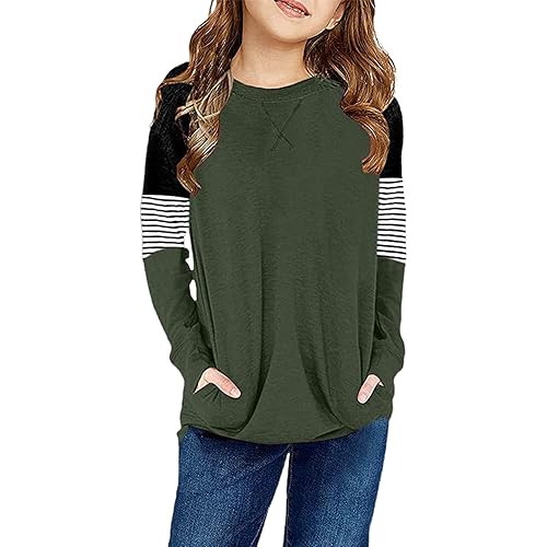 SELINK Girl's Casual Big Kids Long Sleeve Striped Color Block Casual Tees with Pockets