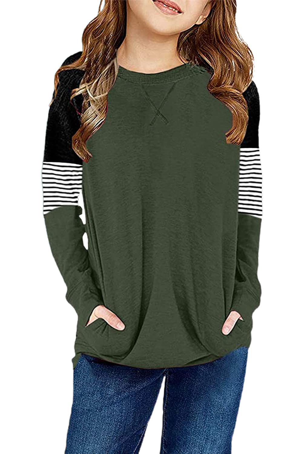 SELINK Girl's Casual Big Kids Long Sleeve Striped Color Block Tees Pockets