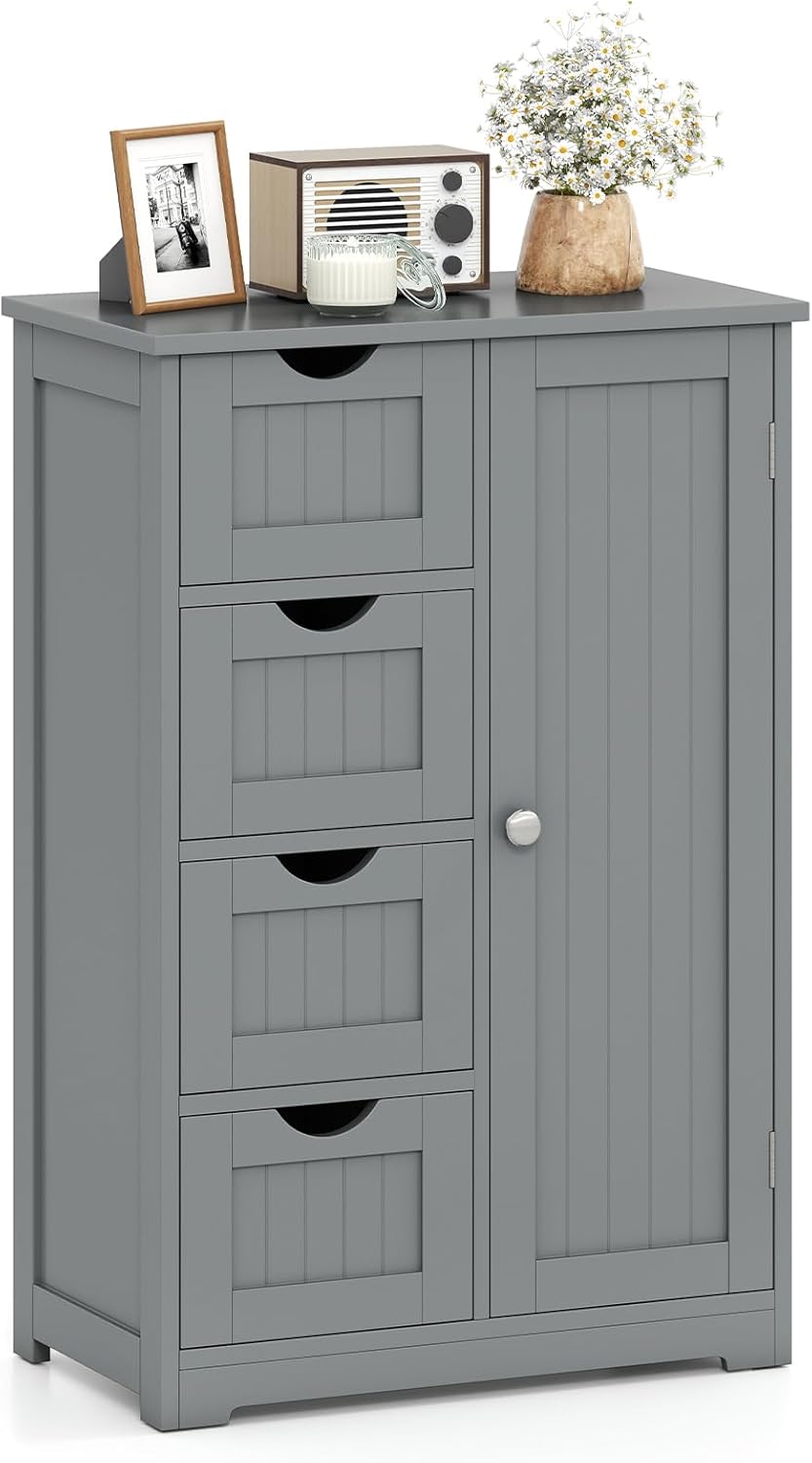Giantex Bathroom Cabinet, Freestanding Storage Cabinet with 1 Door & 4 Drawers, 3-Level Adjustable Shelf, Anti-toppling System, Modern Storage Organizer for Bathroom, Living Room, Kitchen (Gray)