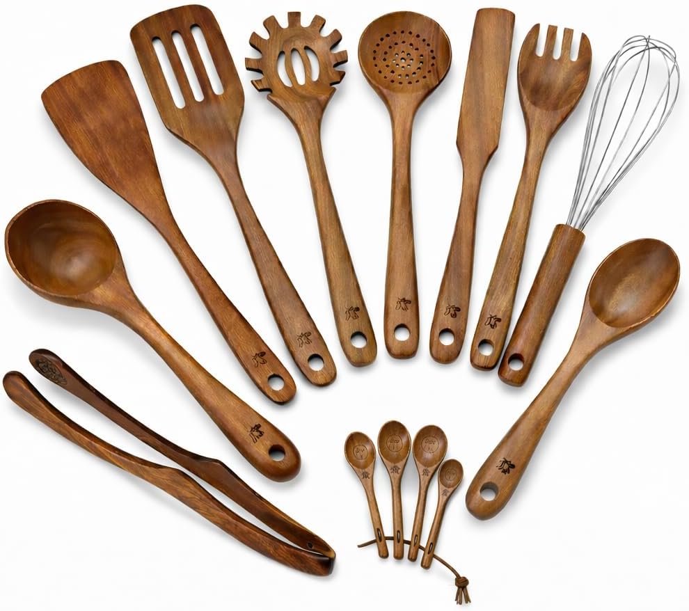 Teak Wood Spoons - Set of 10 Spoons plus 4 Measuring Spoons