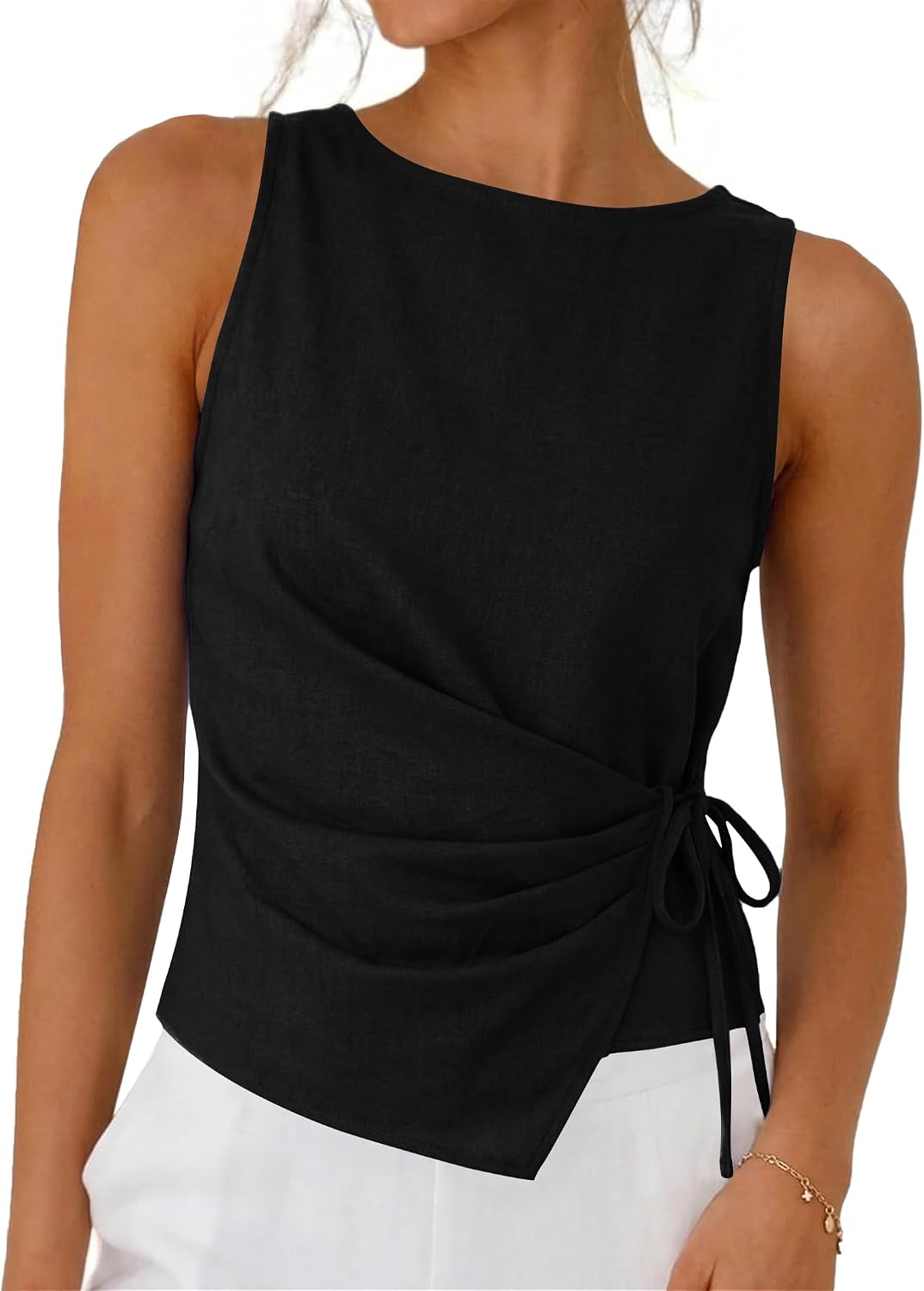 Womens Linen Cotton Crop Tank Tops Tie Wrap Sleeveless Ruched Boat Neck Shirts Casual Summer Beach Going Out Tops