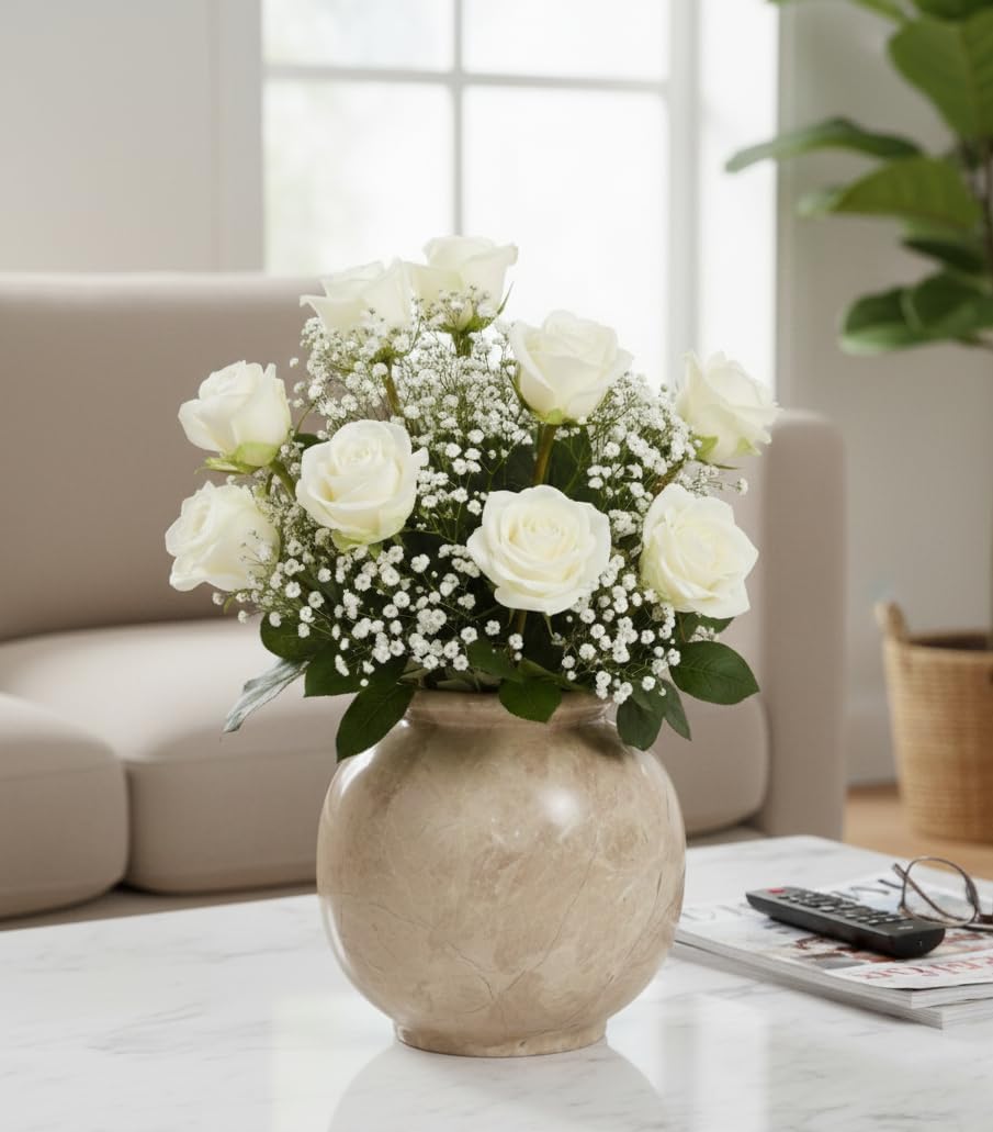 Marble Vase 5 Inch Handmade Beige Stone Flower Vase for Pampas Grass & Aesthetic Room Decor, Small Vases for Fresh Flowers & Coffee Table Centerpieces