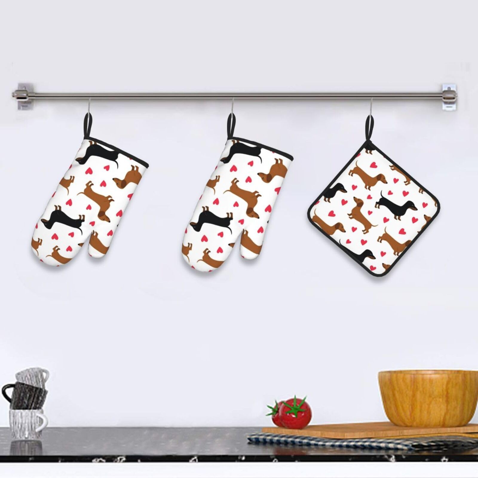 Guanto Da Forno E Presina Con Motivo Bassotto In Poliestere Twill – Antiscivolo E Resistente Al Calore, Per Cucina E Barbecue