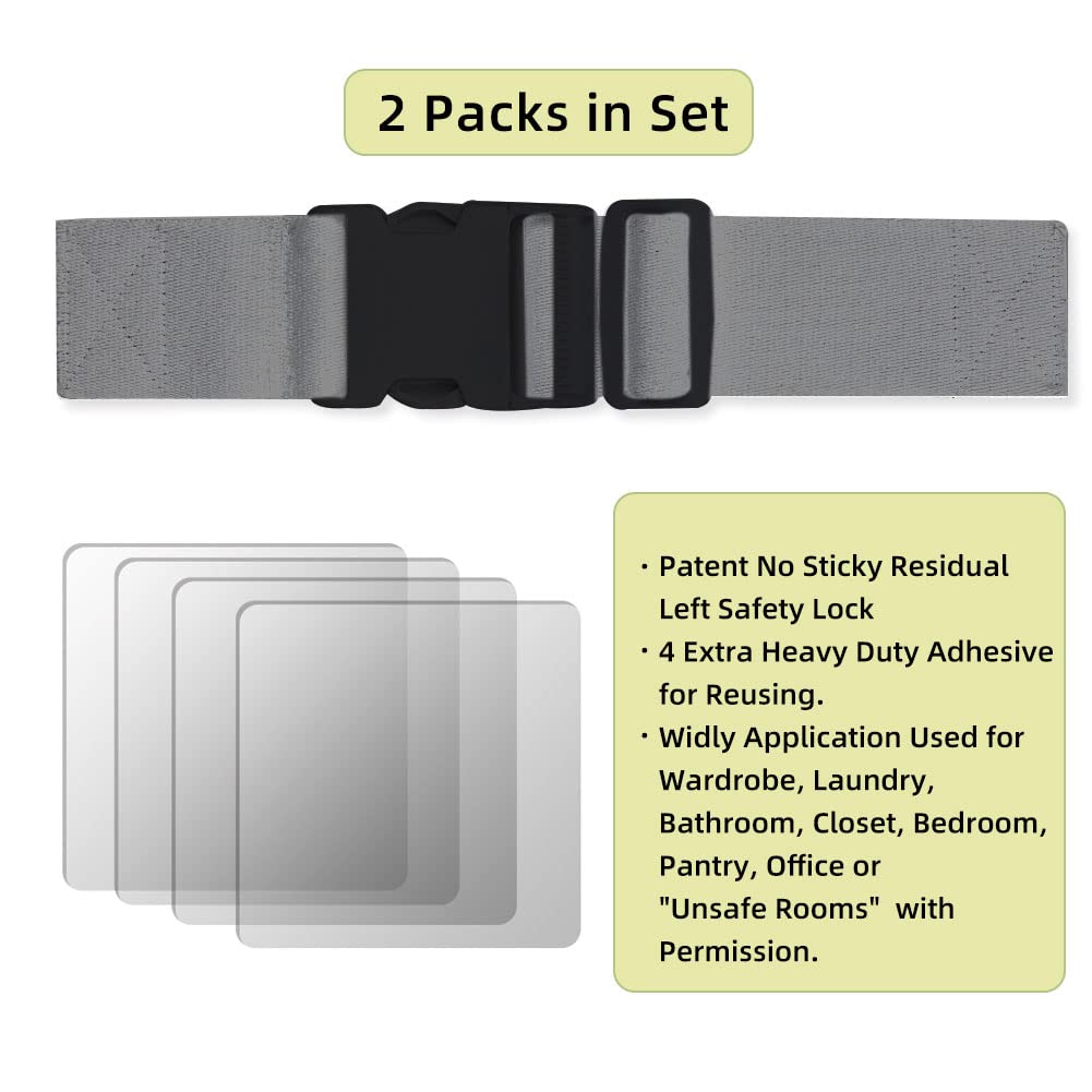 Child Proof Door Strap Stopper, (2 Packs) Adjustable Cat Door Latch Lock for Litter Box Room, Cats Enter Easily But No Kids, Reusable Baby Safety Door Guard (Grey)