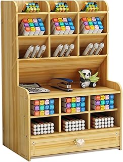 Organiseur de bureau en bois avec tiroir, grande capacité à monter soi-même, boîte de rangement pour papeterie de bureau, organiseur de stylos pour bureau, maison et fournitures scolaires (B16-cerise)