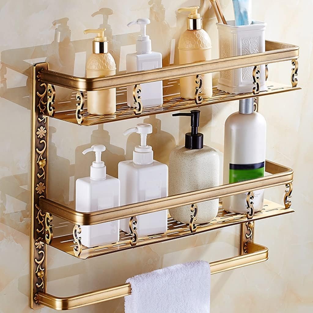 GLETSF European Style Wall Mounted Towel Rack Space Aluminum Antique Towel Bar Bathroom Hardware Set With Carved Double Shelf