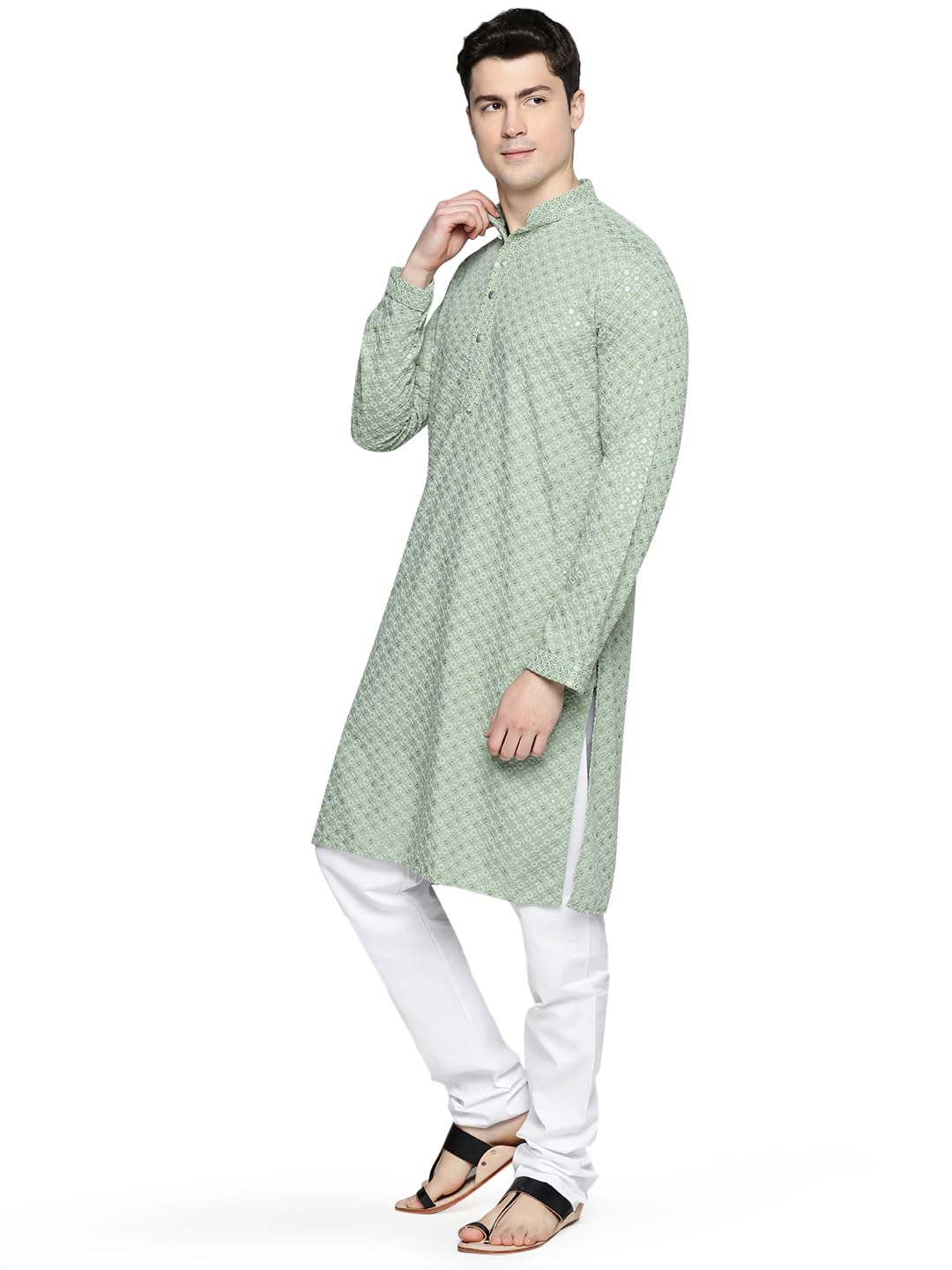 Jompers Men's Chikankari Embroidered And Sequence Kurta With Churidar (Pista, Xxl)