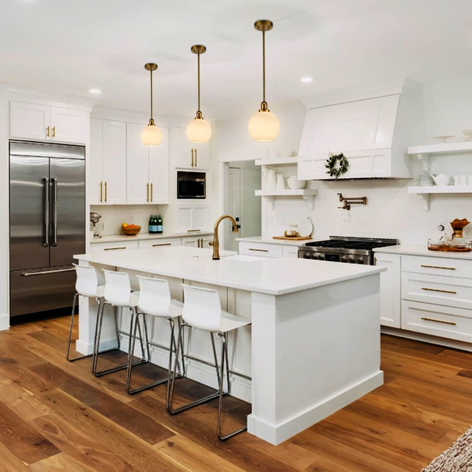 DAYCENT Modern Gold Pendant Lights Kitchen Island, Milk Glass Pendant Lighting Globe Hanging Light Fixture Mid Century 1-Light Brass Globe Chandelier for Dining Room Bedroom