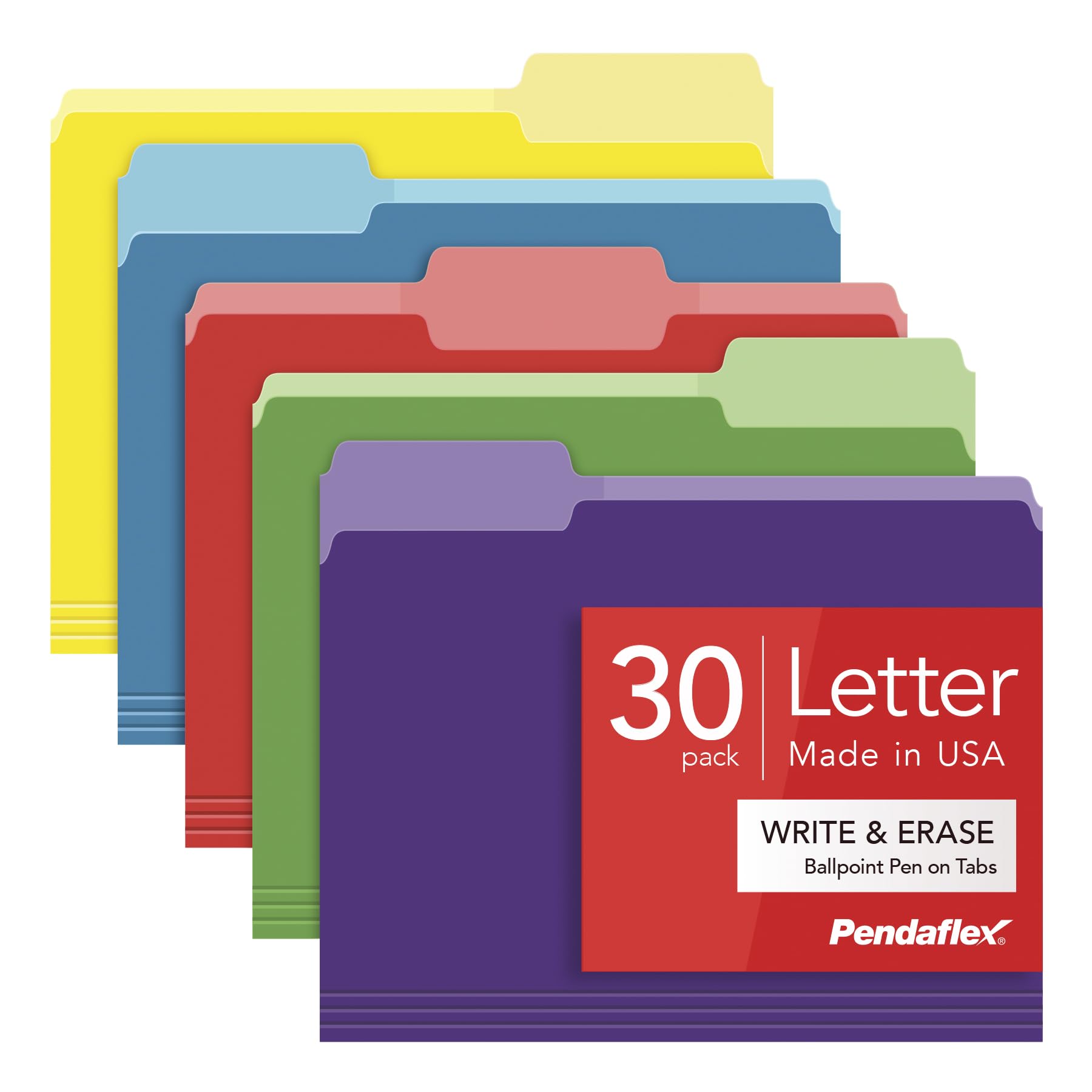 Pendaflex 84370 File Folders with Erasable Tabs, 1/3 Cut Top Tab, Letter, Assorted (Pack of 30)