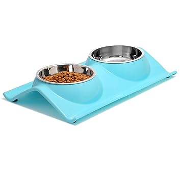 UPSKY Double Dog Cat Bowls Stainless Steel Pet Bowls No-Spill Resin Station, Food Water Feeder Cats Small Dogs, Sky Blue