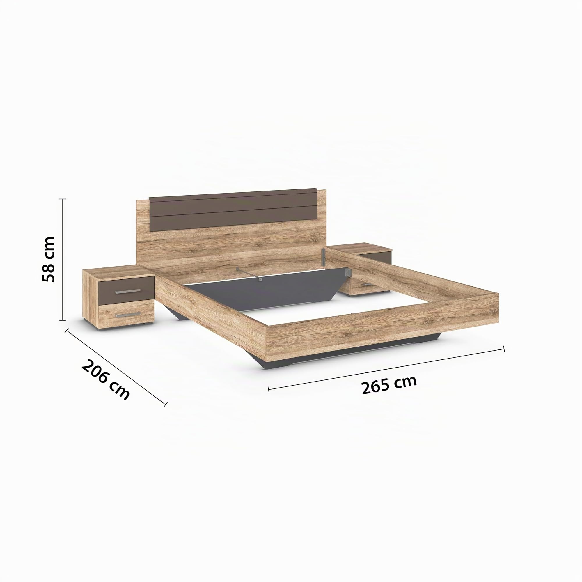 Rauch Möbel Barcelona - Camera da letto in rovere Sanremo chiaro/grigio lava, composto da letto con superficie di appoggio 160 x 200 cm, con 2 comodini e armadietto con ante sospese, 226 x 210 x 62 cm