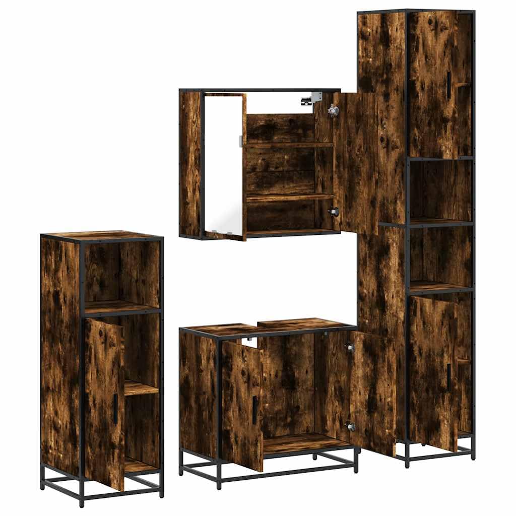 Set di mobili da bagno in 4 pezzi legno intagliato rovere affumicato