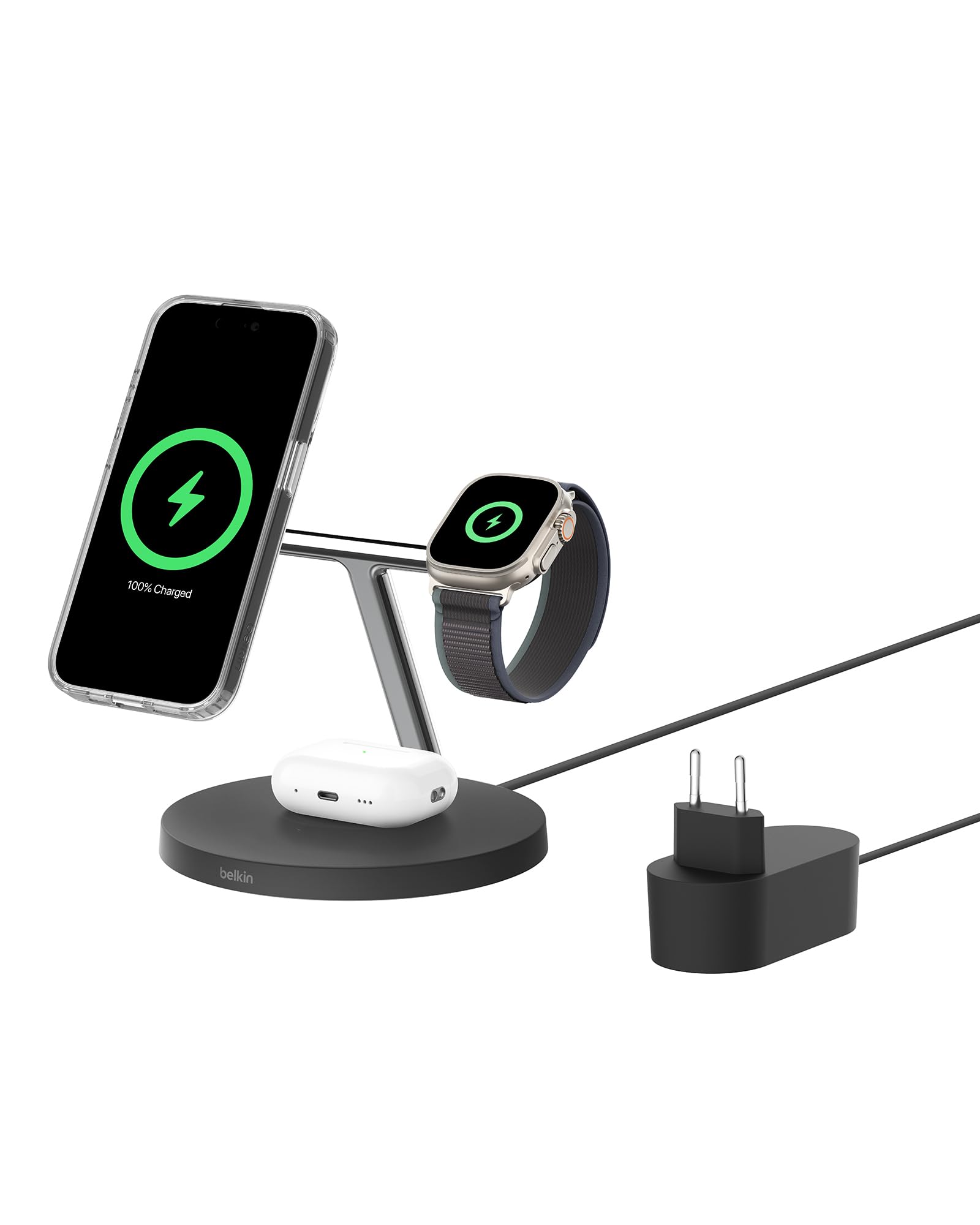 Belkin BoostCharge Caricatore 3 in 1 con Qi2, base di ricarica wireless compatibile con MagSafe, caricatore iPhone 17, Air, Pixelsnap, Apple Watch e AirPods, alimentatore incluso - Nero