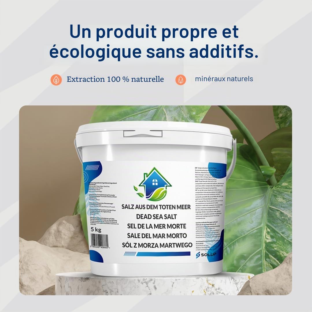 Sel de bain de la mer morte grossier 5 kg naturel inodore bain complet | Seau en polyéthylène haute densité recyclable - Soin corporel - Exfoliant pour bain de pieds - Sans additifs