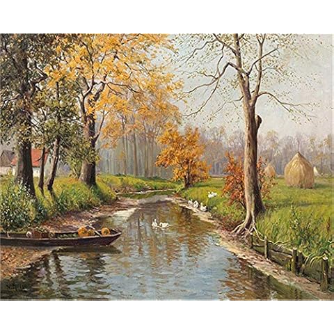 YEESAM ART DIY Ölgemälde Malen nach Zahlen Erwachsene Kinder, Herbst Wald Enten Fluss Schiff Zahlenmalerei ab 5 Öl Wandkunst (Herbst, ohne Rahmen) Cover