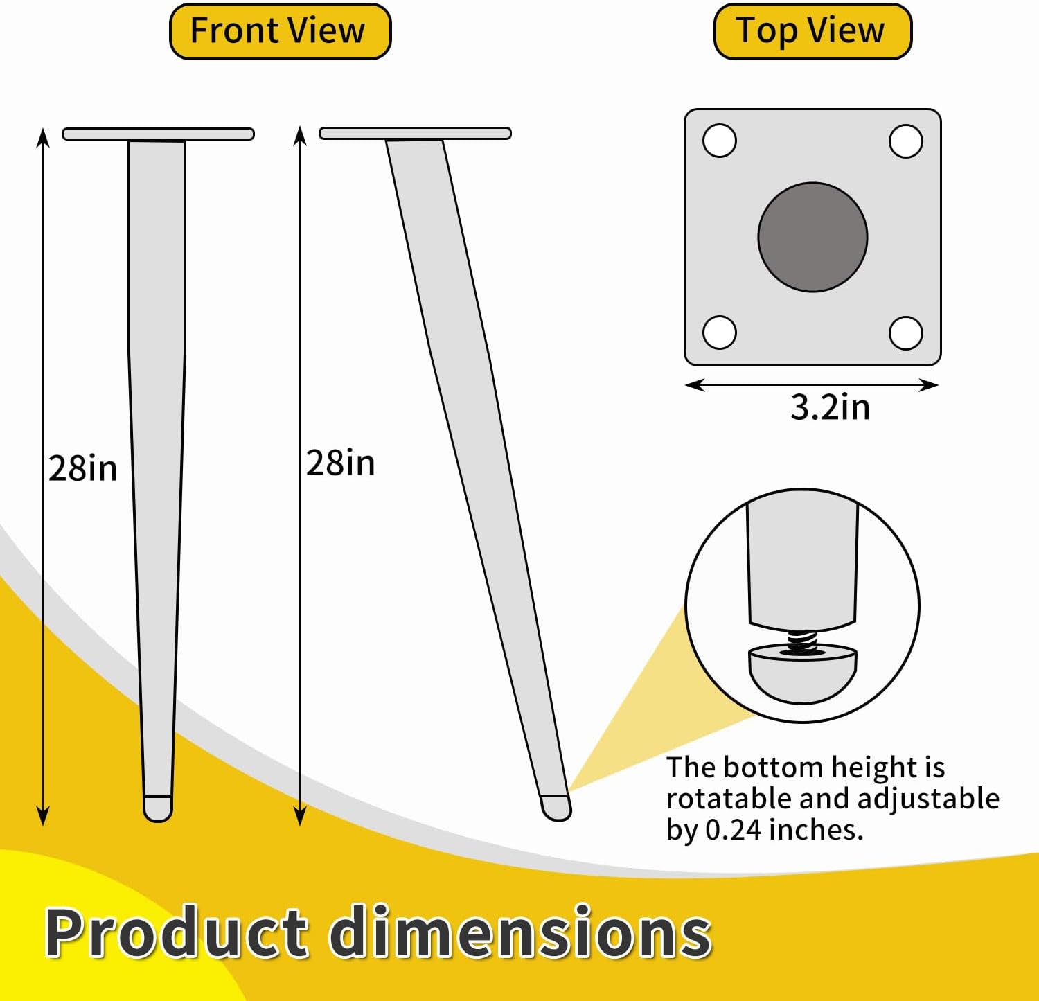 28 Inch Adjustable Metal Table Legs, Heavy Duty Office Desk Legs, Set of 4, Industrial Furniture Legs for Dining Table, Workbench, Counter Height