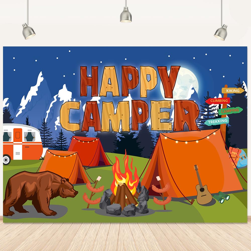 Camping Backdrop Brown Bear Happy Camper Photo Backdrop Campfire Tent Car Happy Camper Banner Mountain Forest Camping Decorations Camping Themed Party Backdrop for Boys Kids Teenagers 5x3Ft