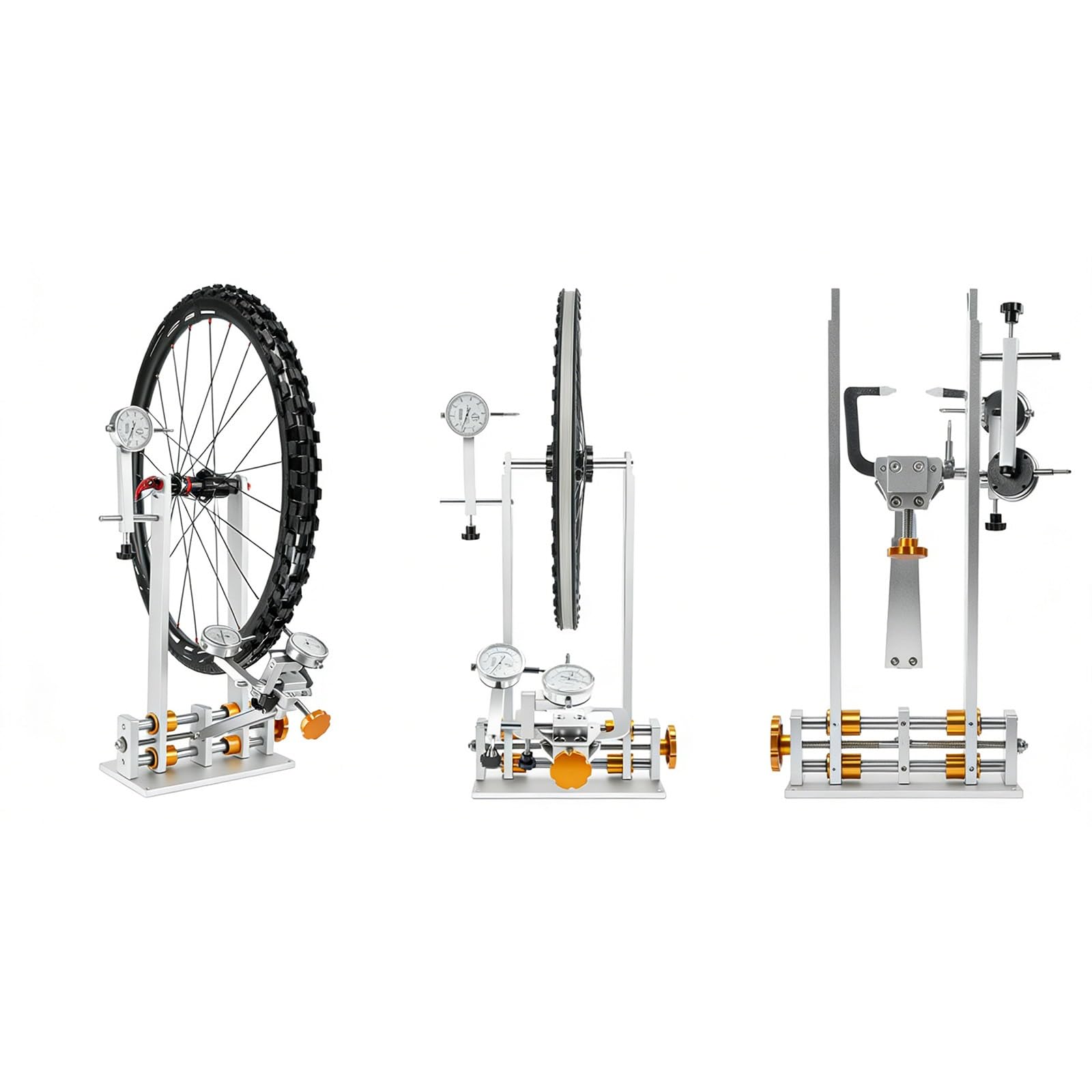 Profesjonalny stojak do centrowania rowerów, 4 łożyska, regulowany rozstaw piast 55-200 mm, oś przelotowa 12/15/20 mm i szybkie zwolnienie, do kół 16-29" do szosy, MTB i e-bike.
