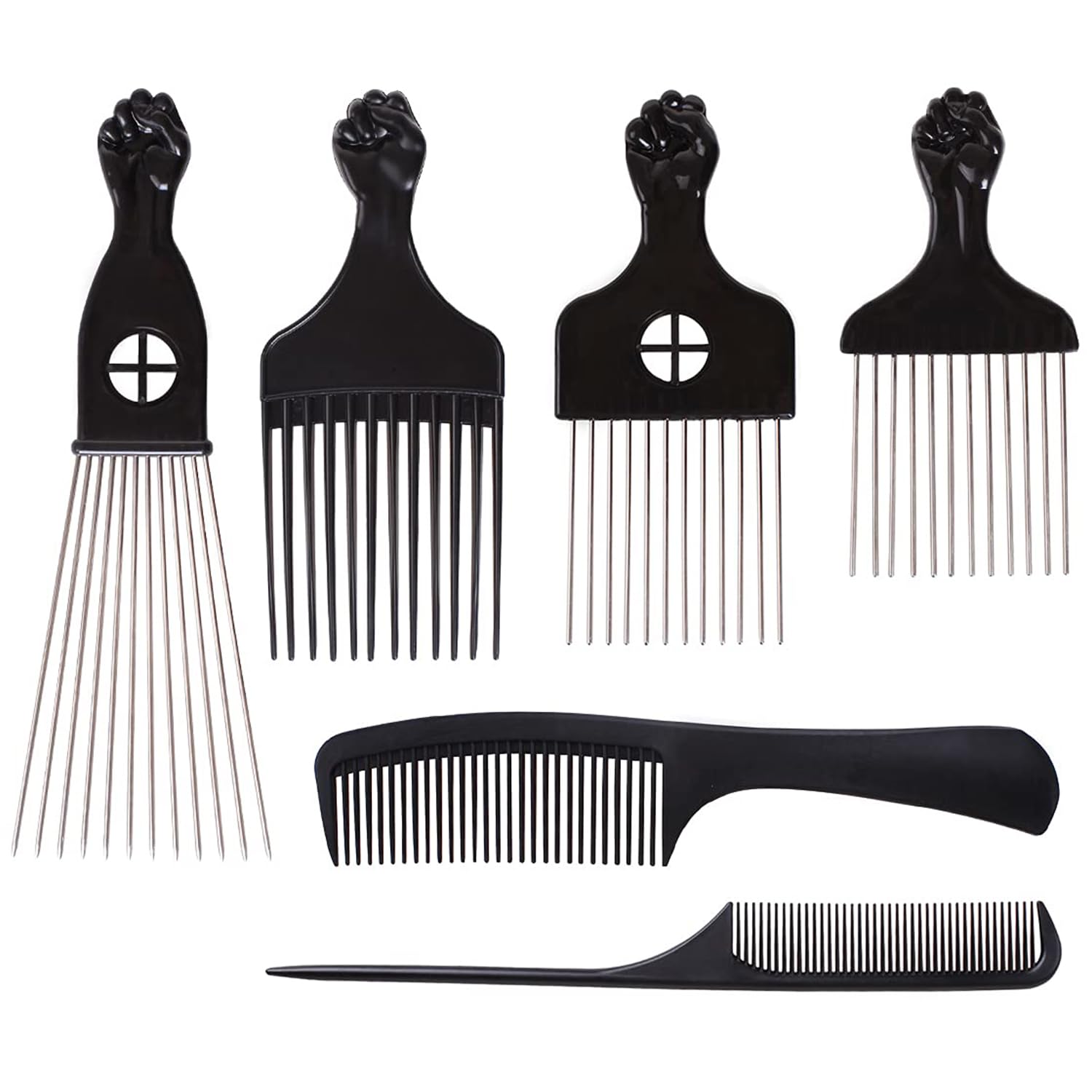 COOKOO 6 Pack Mixed Metal Afro Hair Pick Hair Comb for Women and Men for Thick Natural Curly Hair Detangle Wig Anti Static Styling Comb Pick