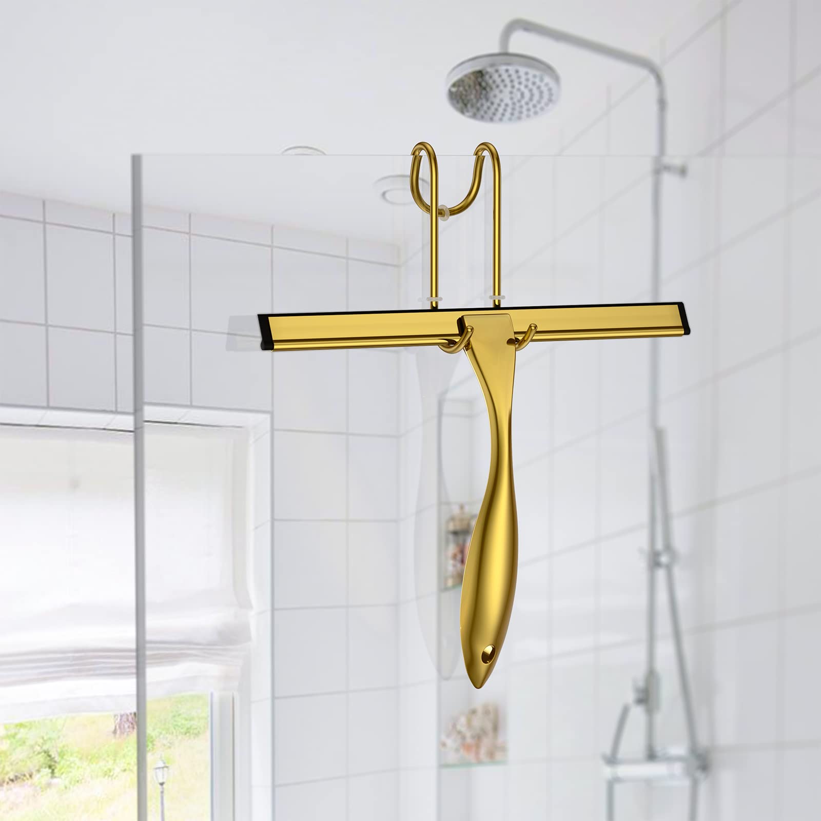 Escobilla de ducha y escobilla de ventana, acero inoxidable, 100% libre de rayas, limpiador para puertas de vidrio, espejos del hogar, limpiaparabrisas de automóvil, soporte adhesivo, gancho de puerta 3