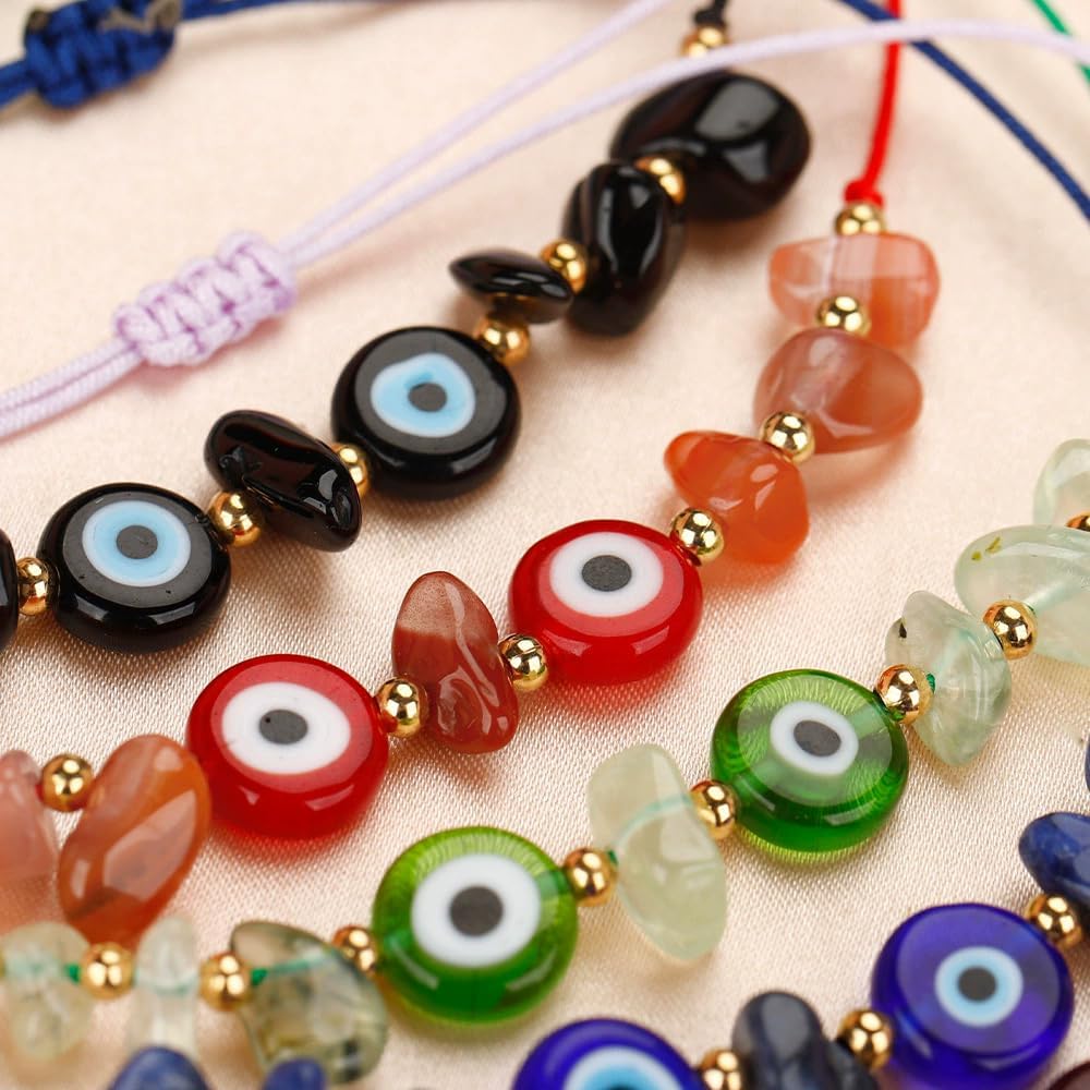 Pingyongchang Evil Eye Irregular Crystal Stone Beads Bracelet Handmade Protection Good Luck Adjustable Rope Bracelet Inspirational Amulet Kabbalah Bracelets with Gift Card for Women - Image 4