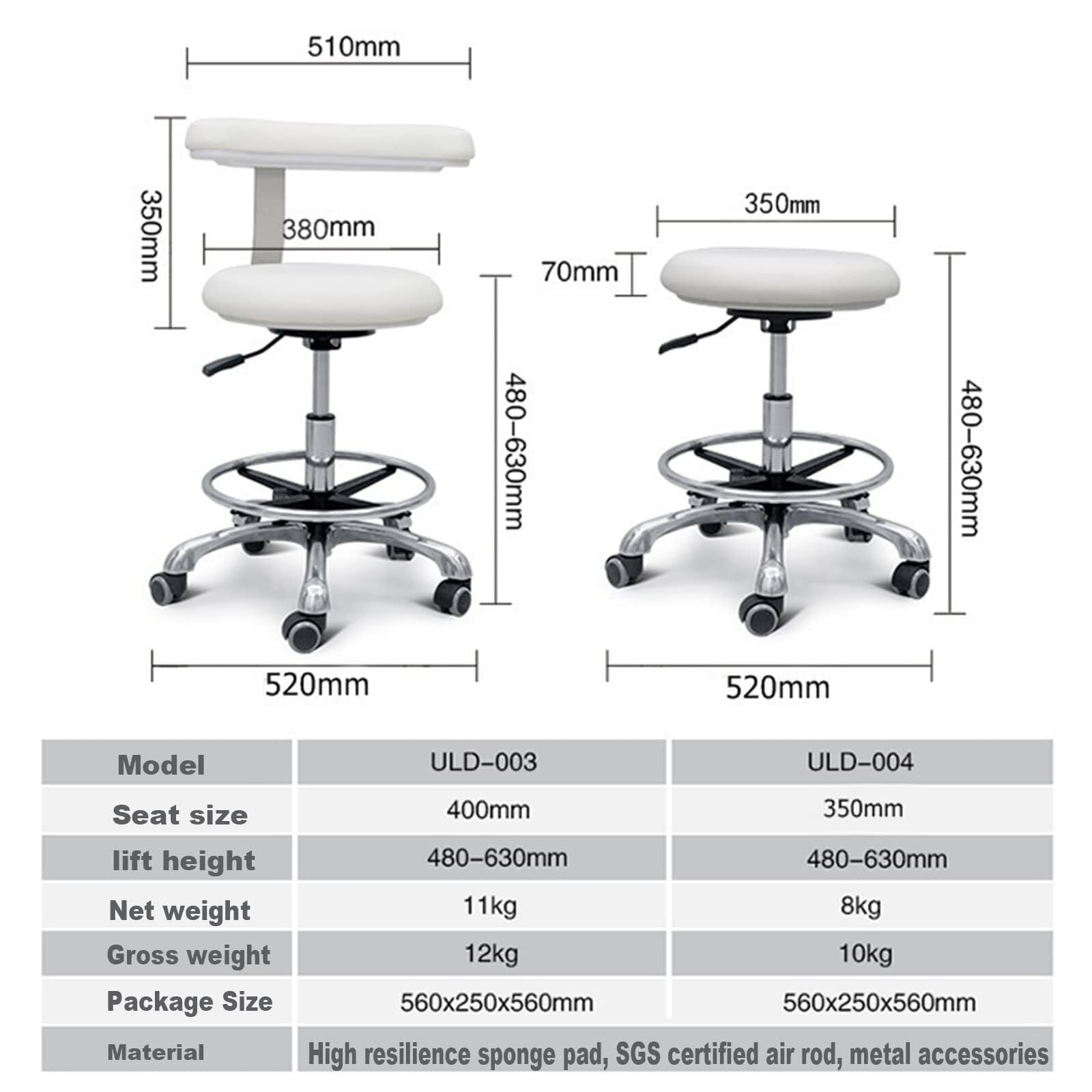 Sedia da dentista, sgabello medico, sgabello per assistente odontoiatrico, rotazione a 360°, in pelle PU, sgabello da salone, altezza regolabile (A2)