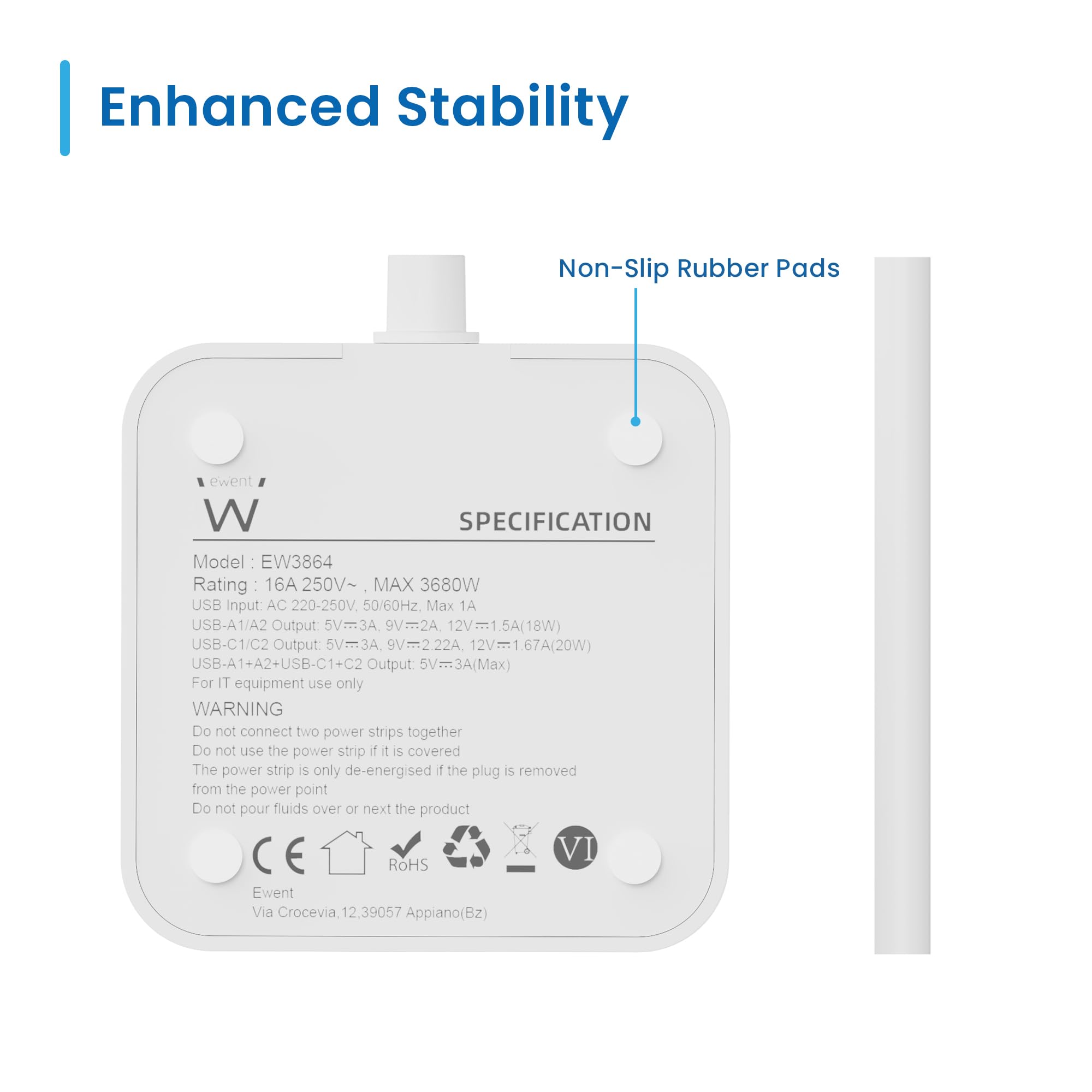 Ewent Pionowe gniazdo wieżowe 12 w 1 (3680 W/16 A); gniazdo wielofunkcyjne z 8 gniazdami wtykowymi Schuko, 2 USB-C i 2 USB-A, z włącznikiem światła, ochrona przed przepięciem, kabel 2 m, do urządzeń