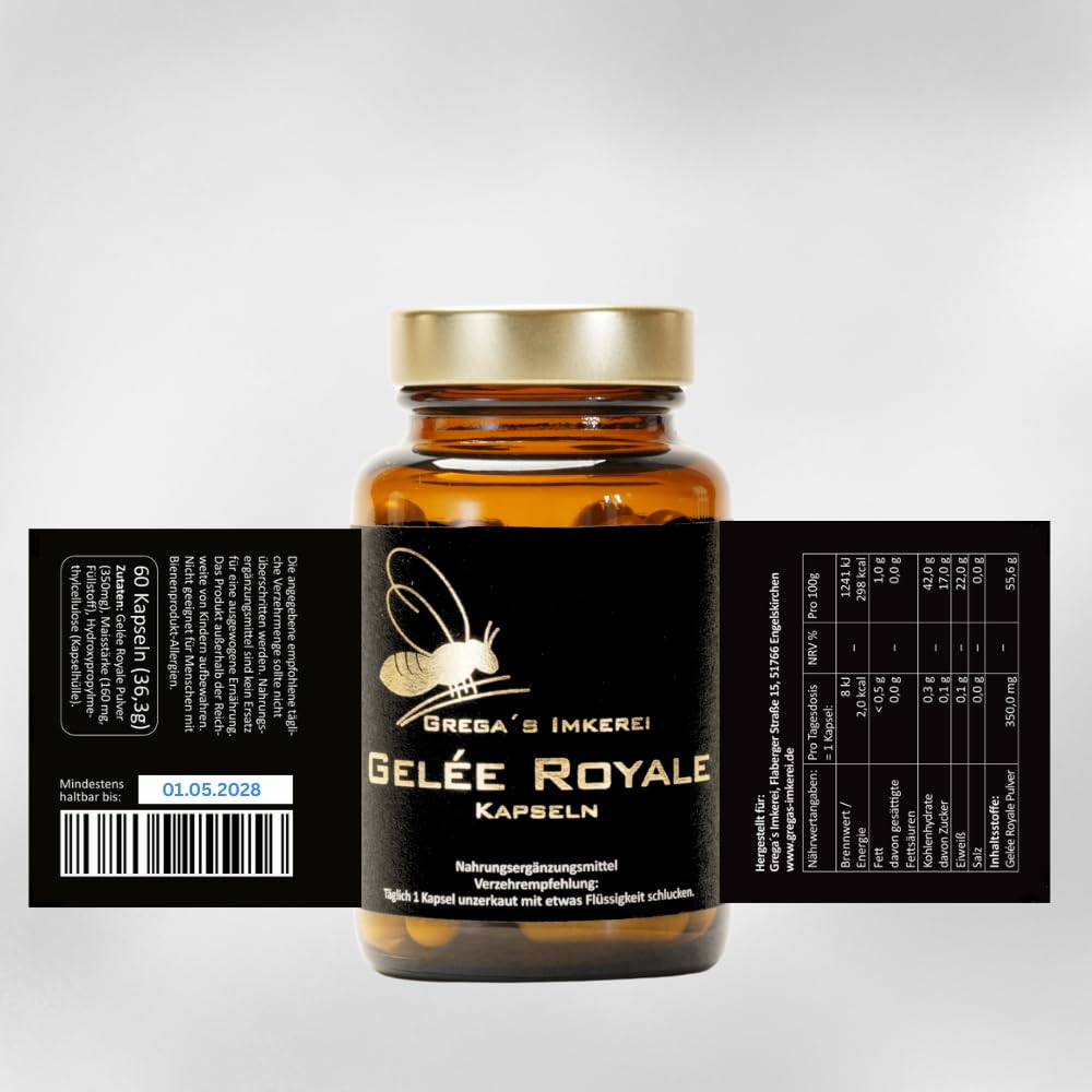 Gelée Royale Kapseln 350 mg 60 Stück (36,3g) Premium Bienenprodukt in pflanzlicher Kapselhülle Nahrungsergänzung ohne künstliche Zusätze Hochwertig & schonend verarbeitet (3x 60 Kapseln (180 Kapseln))