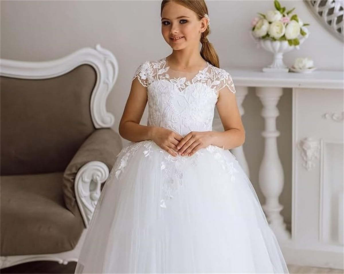 GZCYL - Vestido de comunión de tul con encaje sencillo y largo para niña de flores para boda
