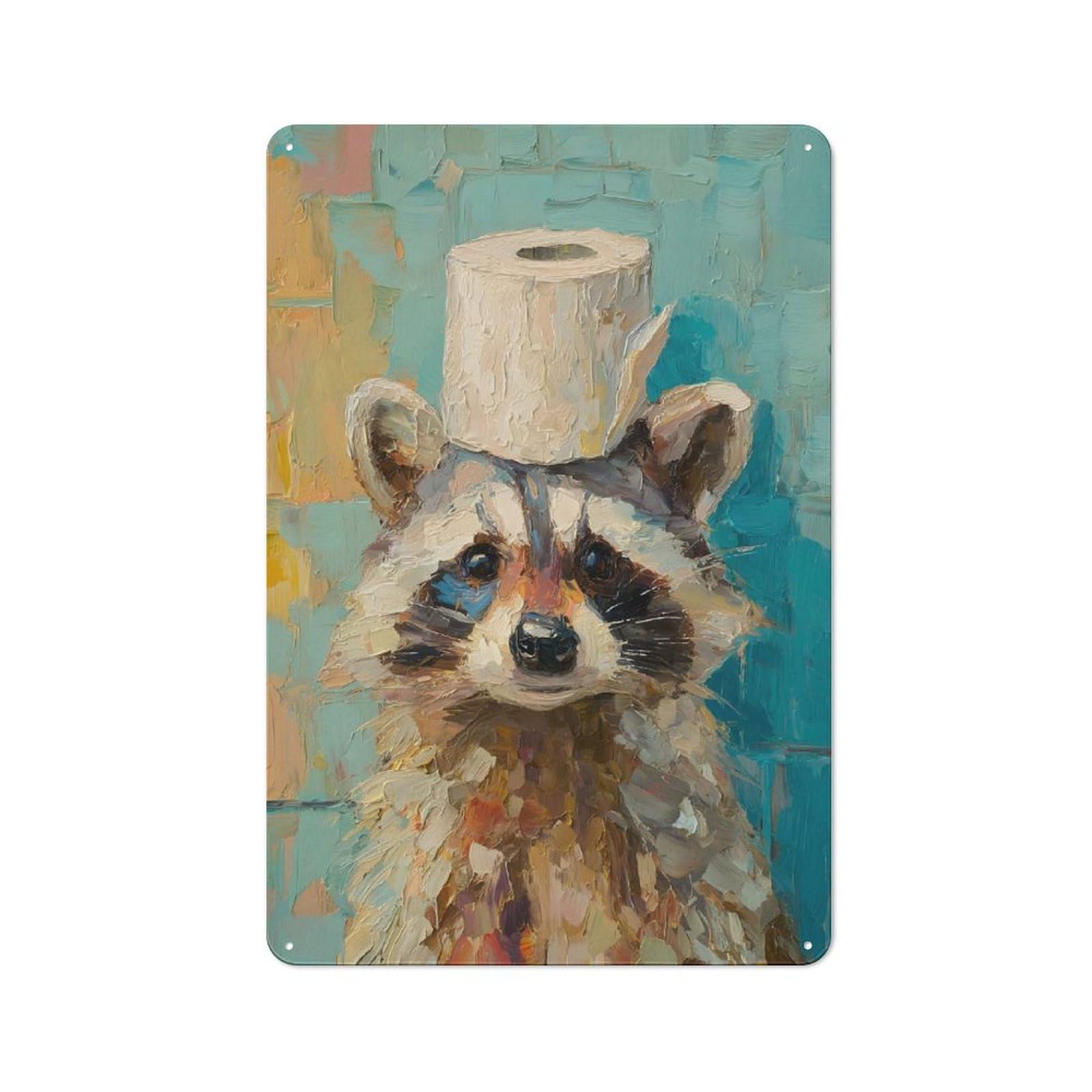 Junmoney Style-7 Classic Raccoon With Toilet Paper Hat Painting(2) Metal Wall Sign 30X20cm, Pub Wall Decor For Diner, Restaurant, Shed Or Kitchen