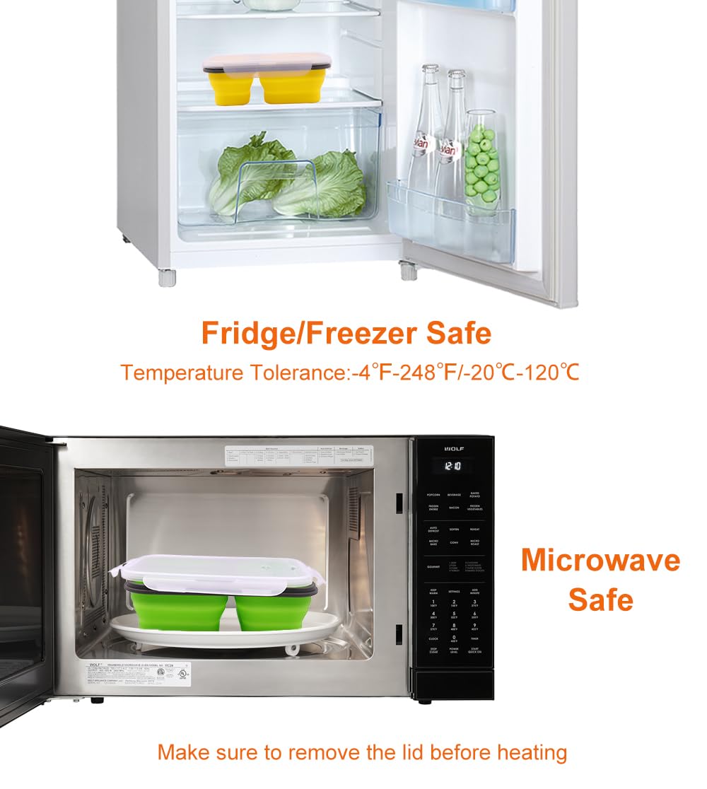 Lot de 3 boîtes à déjeuner pliables en silicone avec couvercles, compartiments, passent au micro-ondes, lave-vaisselle et congélateur, sans BPA (assortiment de 3 pièces)