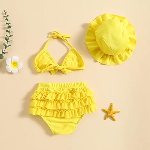 Vista 6 de Yccutest Traje de baño de flores para bebé, 3 piezas, parte superior triangular, parte inferior con volantes, sombrero para el sol, conjunto